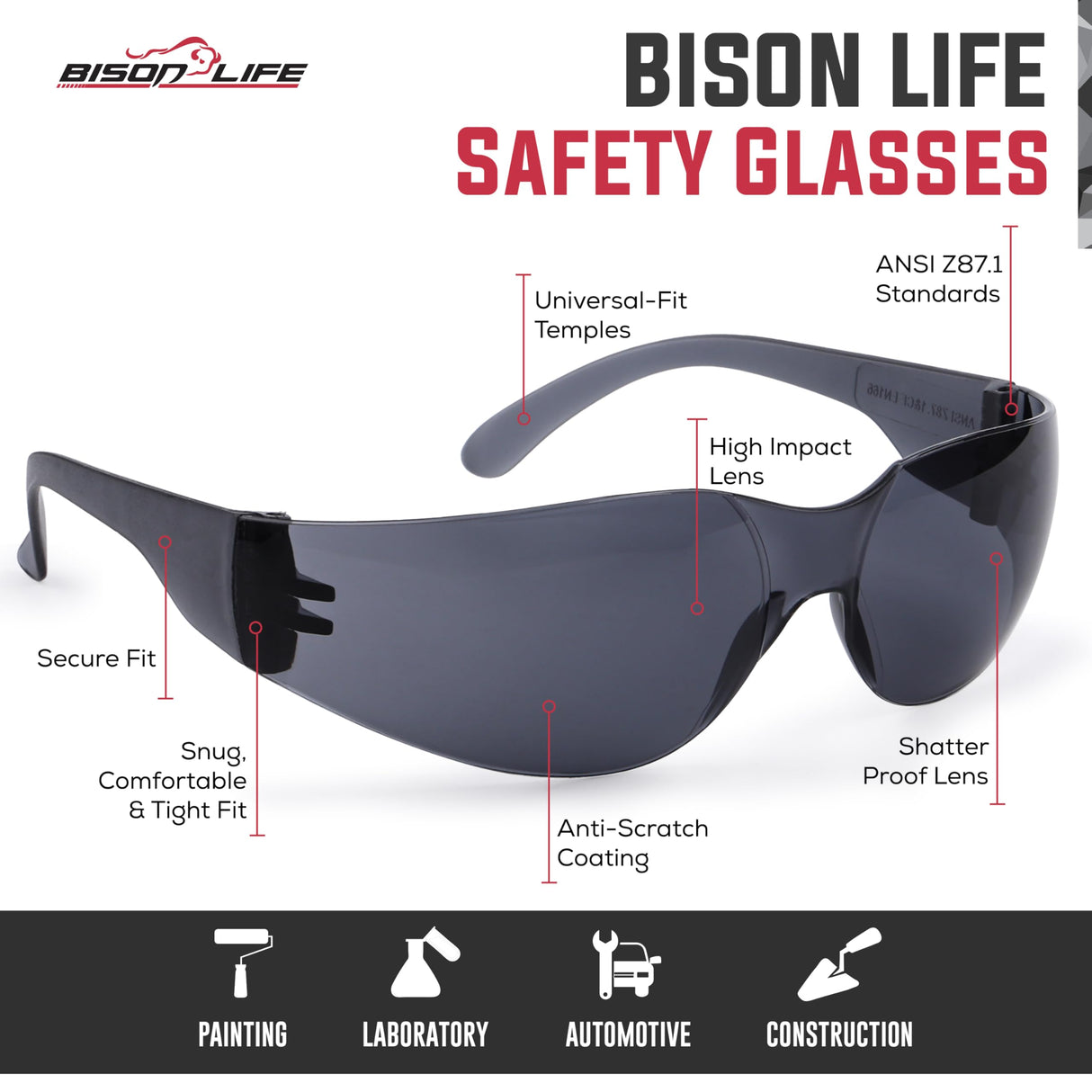 BISON LIFE BLack Safety Glasses - 12 Pairs of Scratch Resistant Eyewear, Polycarbonate Impact Resistant Lens