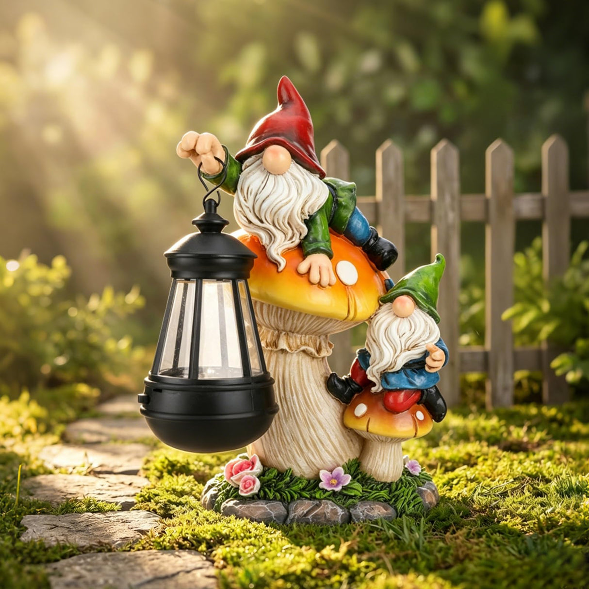 Ovewios Garden Gnome Statue, Large Funny Gnome Figurine Climbing on Mushroom and Holding a Solar LED Lantern Resin Ornament for Patio Yard Lawn Porch Outdoor Decor