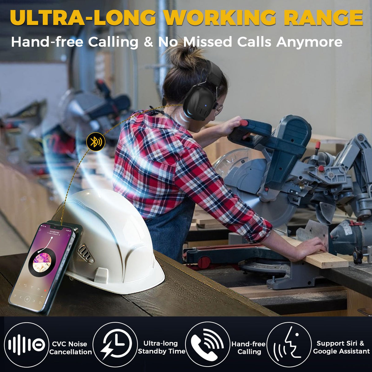 Kalence Bluetooth 6.0 Hearing Protection with 120H Working Time, 30dB Safety Earmuffs, Rechargeable Ear Protection Headphones with Mic for Mowing, Workshops, Construction, Snowblowing, Black