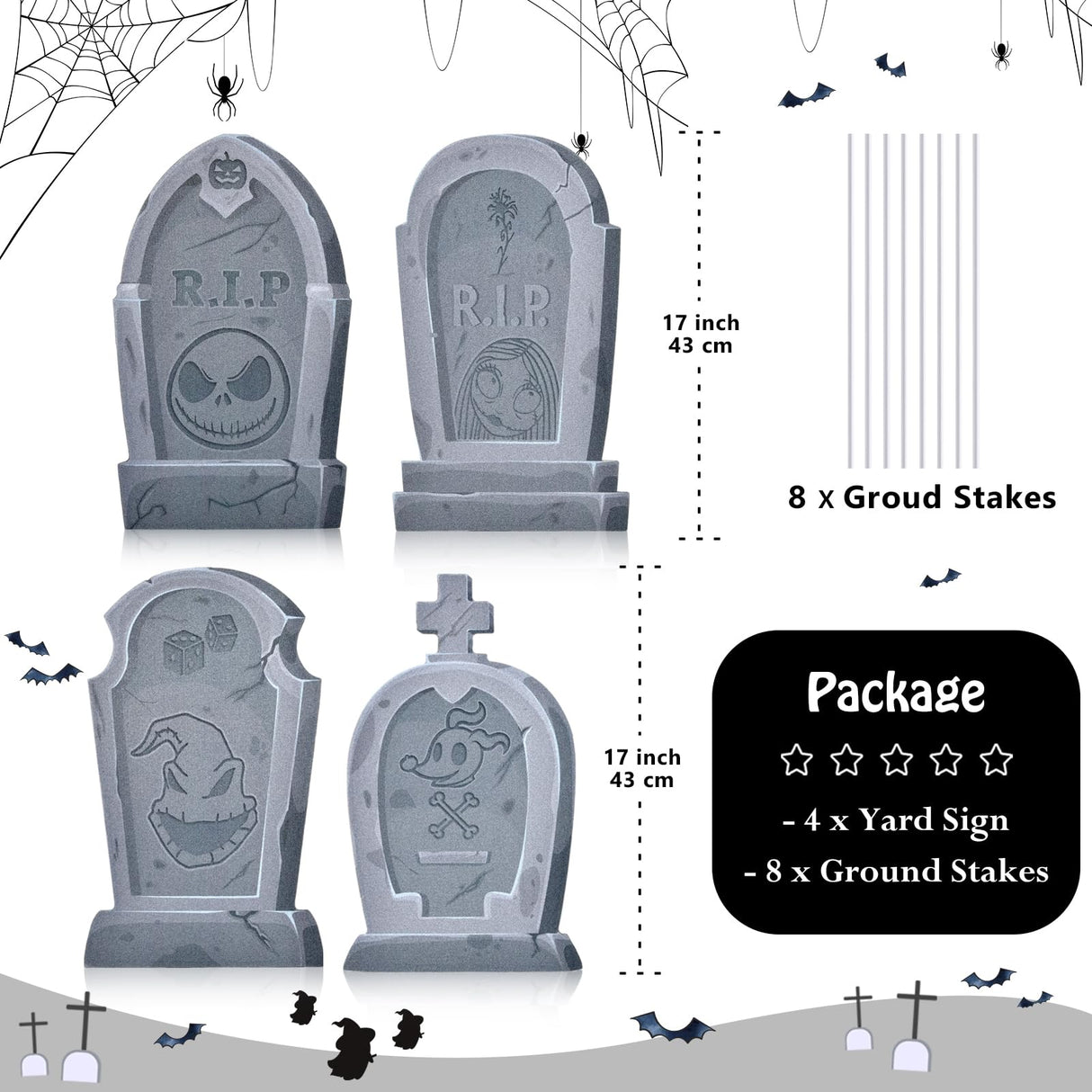 Jack Sally Tombstones Yard Signs, 17 Inch Gravestones Set Scary Halloween Decor Christmas Nightmare Halloween Decorations Outdoor Before Lawn Garden RIP Pumpkin Yard Stakes Outside Graveyard, Not Foam