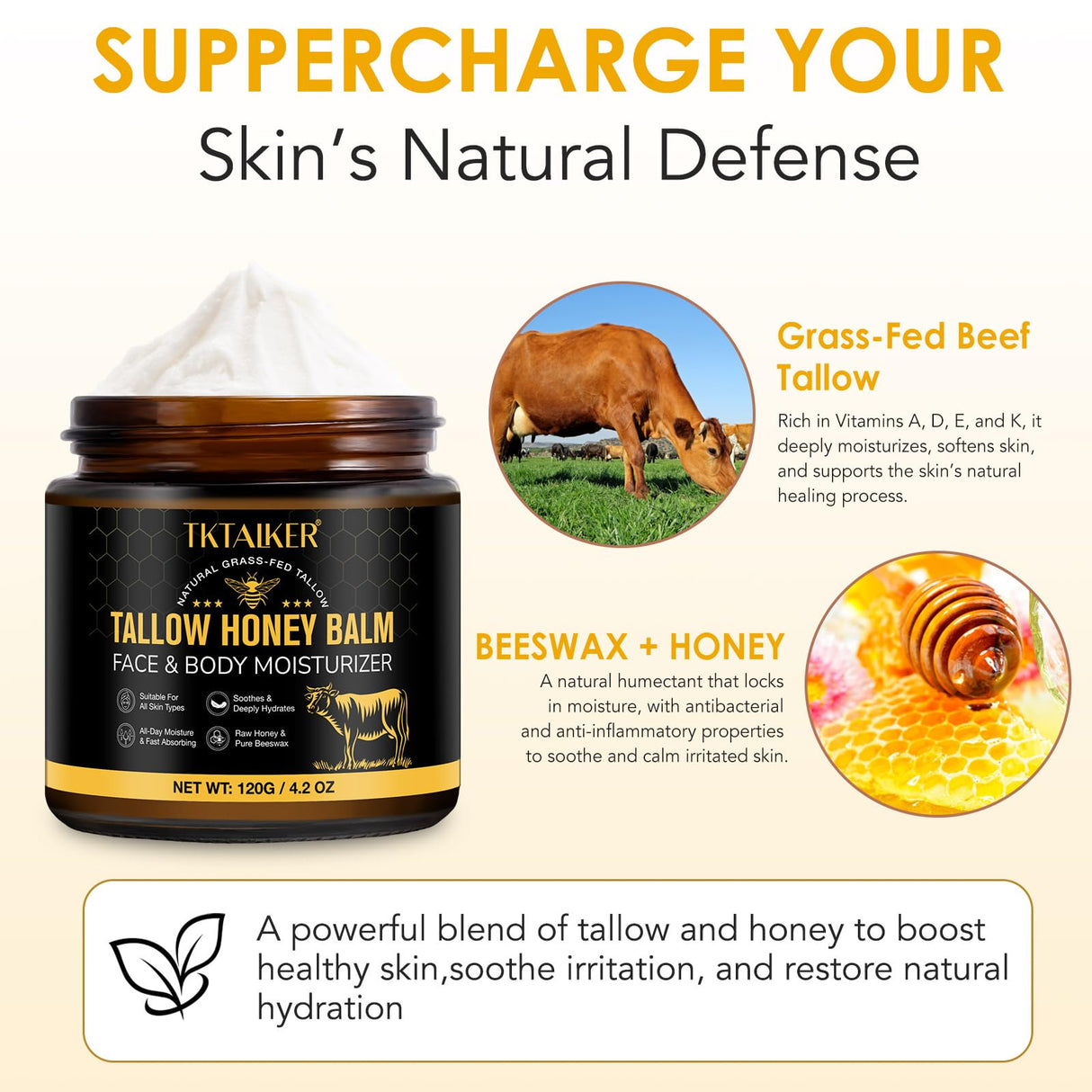 Beef Tallow for Skin, Beef Tallow for Face, Hydrating Tallow Balm with Raw Honey and Beeswax, Grass-Fed Beef Tallow & Raw Wild Honey Blend, Body & Face Moisturizer, Natural Formula, Light Scent