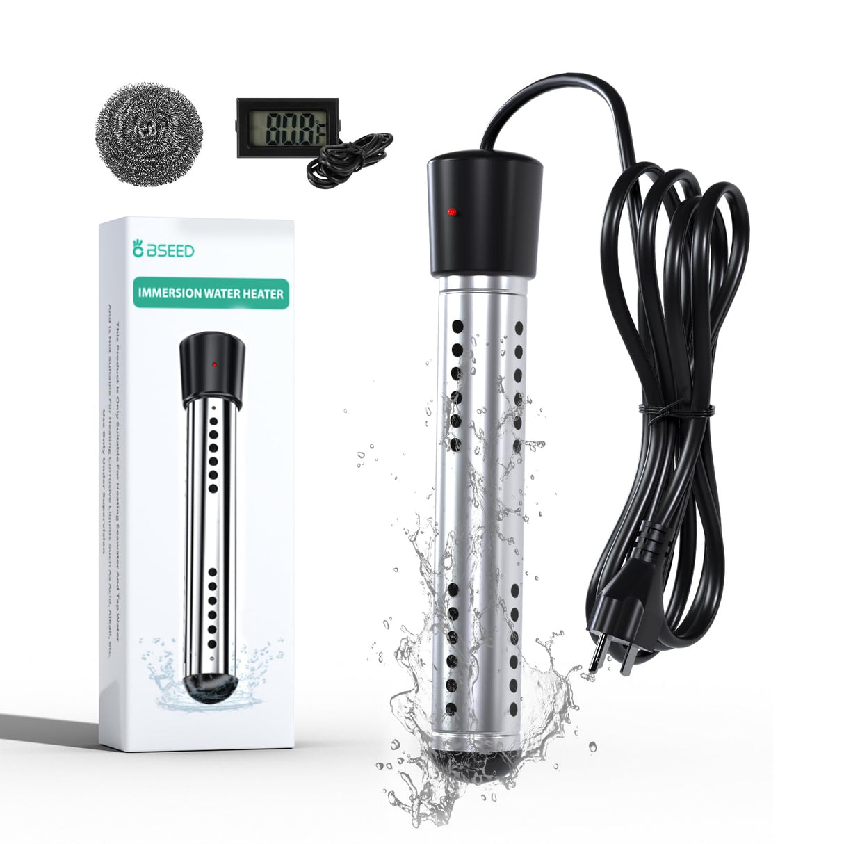 BSEED Immersion Water Heater Electric, 2000W Fast Heating Portable Water Heater with 304 Stainless Steel Guard & Digital LCD Thermometer, Heats 5 Gallons in Minutes for Camping, Bath & Small Pool
