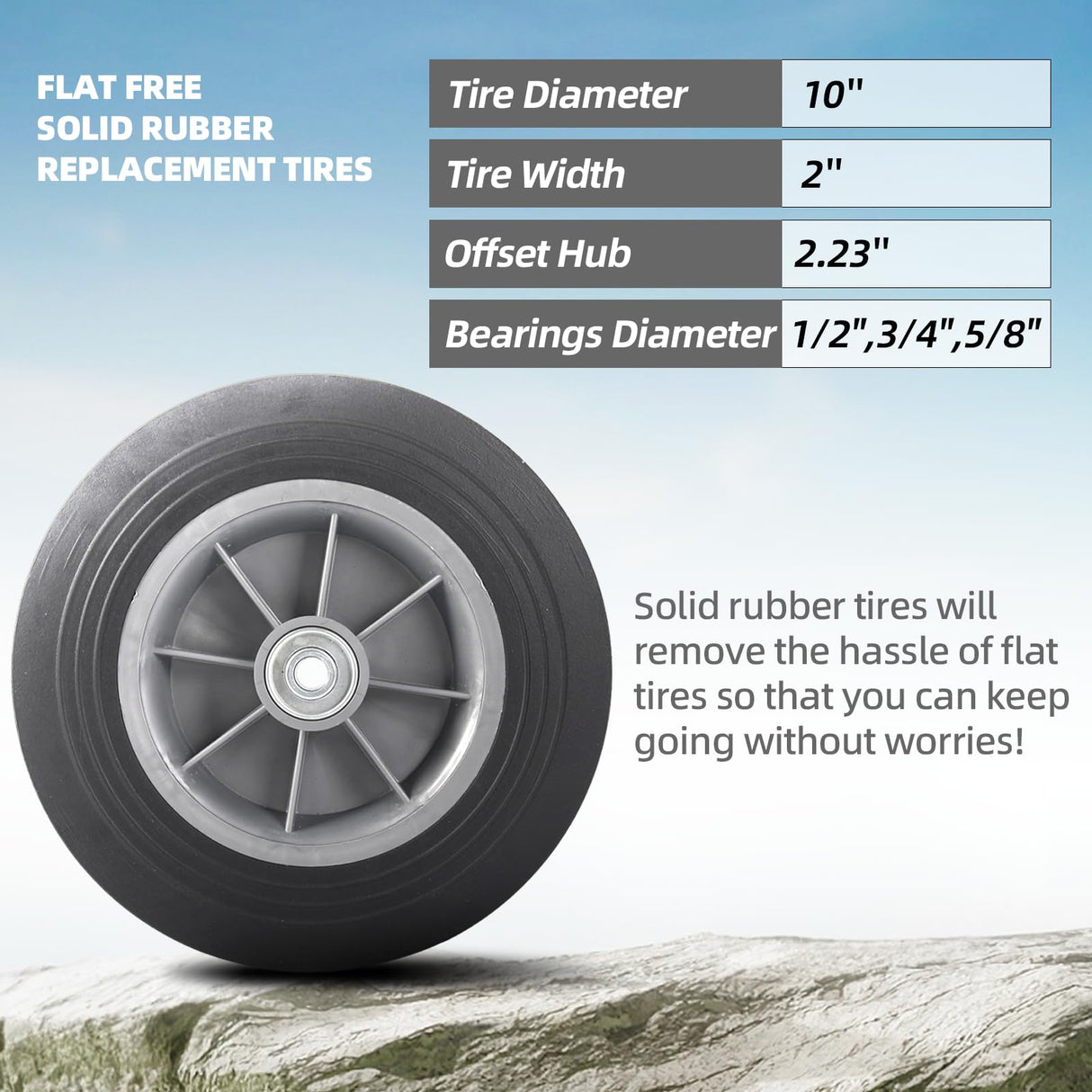 AR-PRO (2-Pack) 10'' x 2'' Flat Free Solid Rubber Tire and Wheel, 3/4" & 5/8" & 1/2" Axles Bore Hole with 2.23" Offset Hub, Replacement 10 Inche Wheel for Dolly Hand Trucks and Wheelbarrows