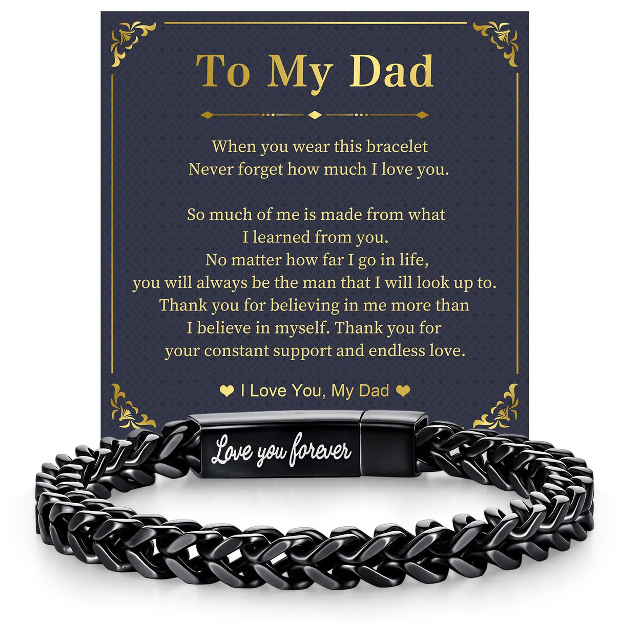 MEALGUET Black Chain Bracelets for Dad : To my Dad Stainless Steel Franco Chains Love you Forever Engraved Link Men's Bracelet to Daddy from Daughter Son, Sentimental Father's Day Birthday Gifts, M