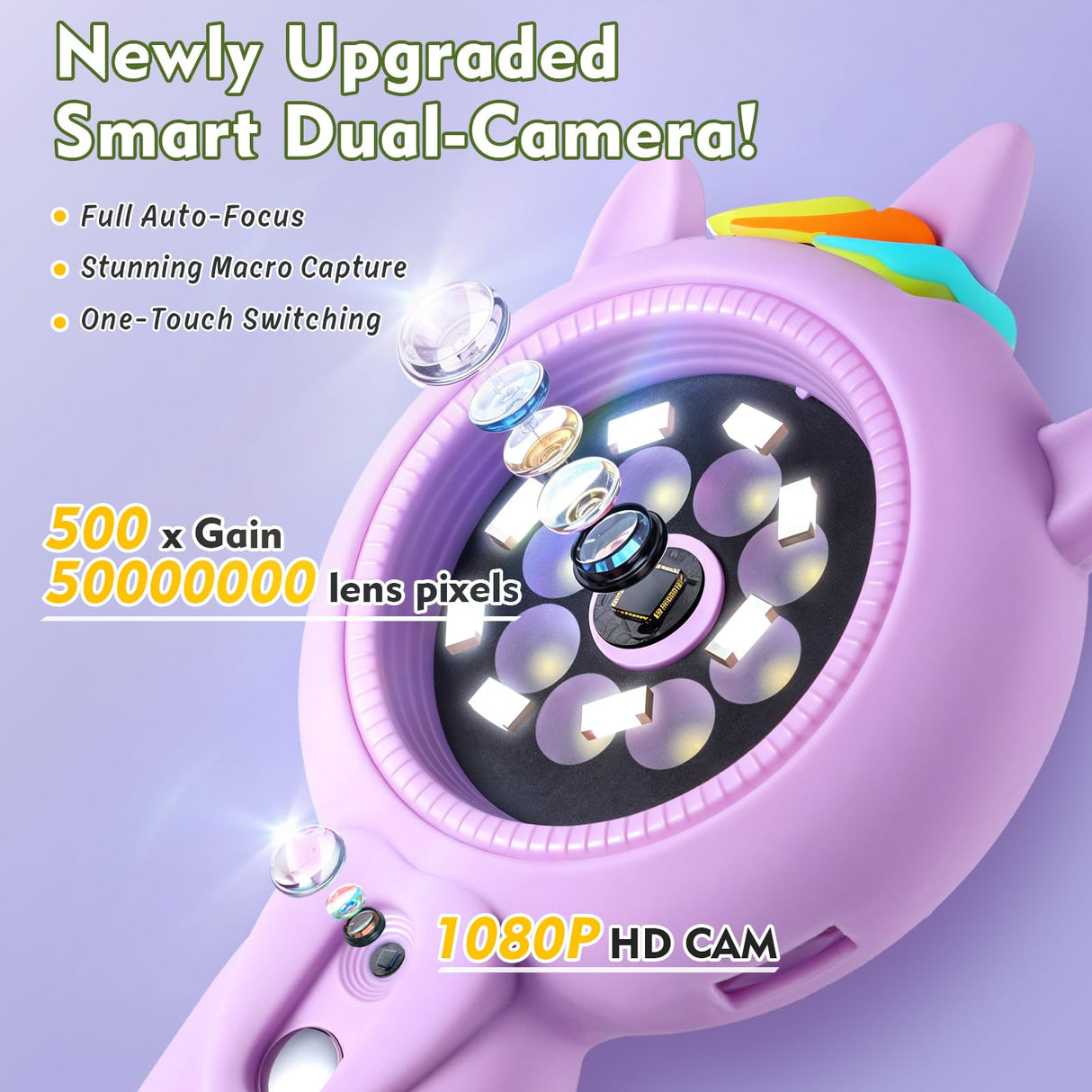 Kids Microscope- 500x Magnification,16X Zoom,Handheld Microscope for Kids with HD Cam,Portable Science Learning Tool,Christmas Birthday Gifts for Boys Girls Aged 3-12,32GB SD Card Include (Purple)