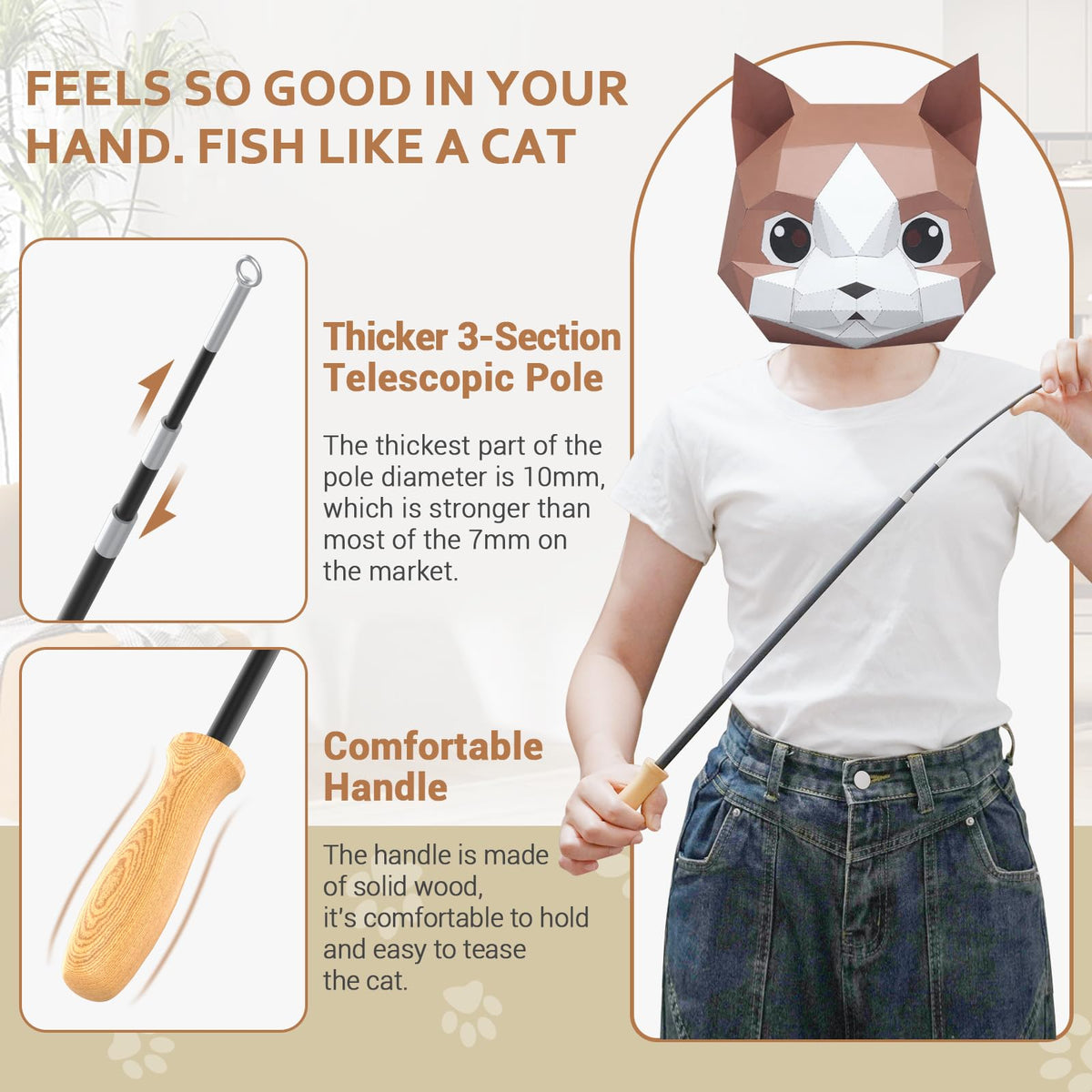 ROSAUI Cat Teaser Wand Toys, Interactive Bird Toys for Indoor Kittens, 42.15’’ Long Cat Fishing Pole Toys, 2Pcs Wires and 5Pcs Natural Refills, Sustainable Wooden Handles, Exercising, Playing
