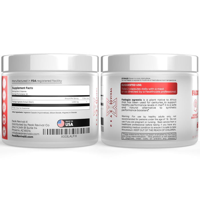 Peak Revival-X Fadogia Agrestis 1000mg Per Serving Supplement - Potent Extract to Increase Energy, Athletic Performance & Muscle Mass - Supplements, Made in The USA (60 Capsules)