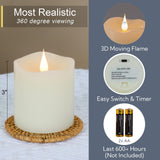 TECHLONG Flameless Candles Battery Operated with Remote Timer, 3D Moving Flame Flickering, Last 600+ Hours Battery Candles, 3" x 3" Ivory Real Wax Electric LED Candle for Wedding Party, Set of 2