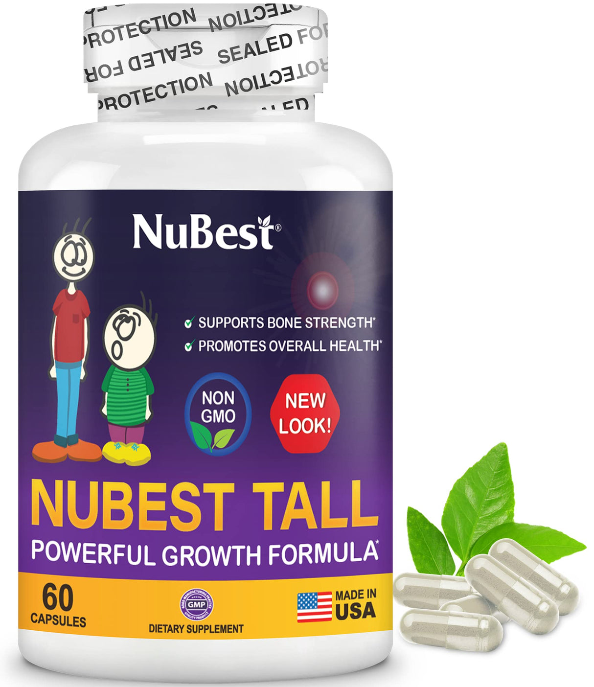 NuBest Tall - Premium Supplement for Bones, Teeth - Support Bone Strength, Enhanced Immunity for Ages 5+ with Calcium, Collagen Hydrolysate, GABA and Blended Herbs | 60 Capsules | 1 Month Supply