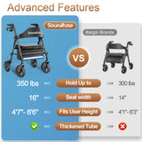 Rollator Walkers with Seat for Seniors, Foldable 8" Big Wheels All Terrain Rolling Walker, Handles and Ergonomic Seat Height Adjustable, 350 lb, FSA HSA Eligible