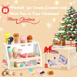 Wooden Ice Cream Toys Kids Play Store Pretend Toy for Toddlers, Play Kitchen Accessories with Scoop, Menu, Fake Money, Ice Cream Play Set Birthday Christmas Gifts for 3 4 5 6 Year Old Girls Boys