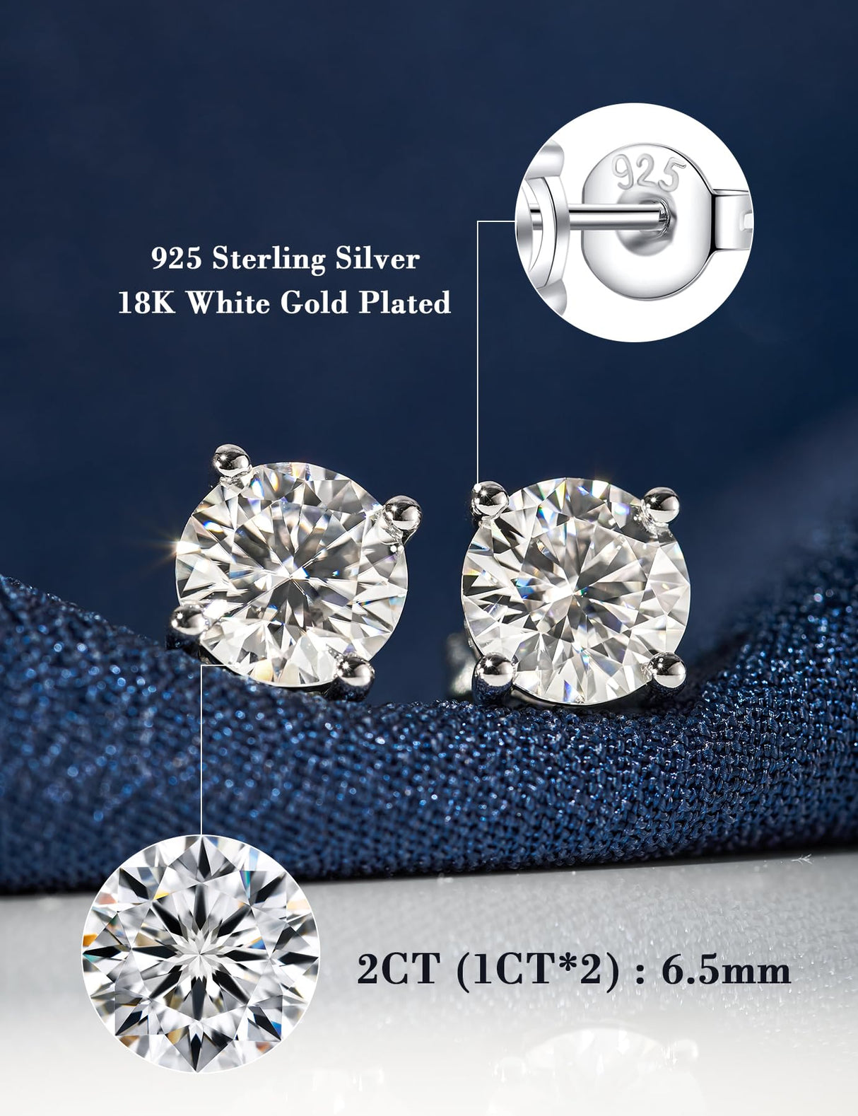 IMOLOVE Moissanite Stud Earrings with 0.6ct-3ct D Color Round Cut Lab Created Diamond Earrings in Sterling Silver with 18K White Gold Plated for Women Men-2
