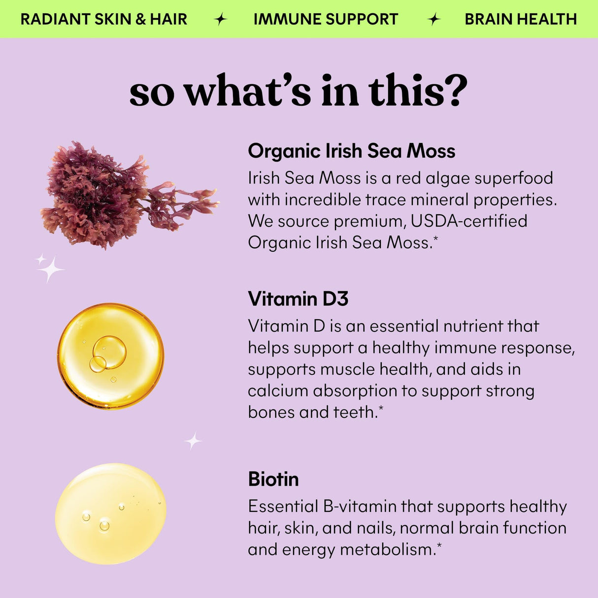 Lemme Irish Sea Moss Organic Liquid Drops with Vitamin D3 and Biotin for Trace Mineral Support, Immunity, Hair, Skin & Nails, Brain Health - Gluten & Sugar Free, Non GMO, 1 oz, 30 Servings