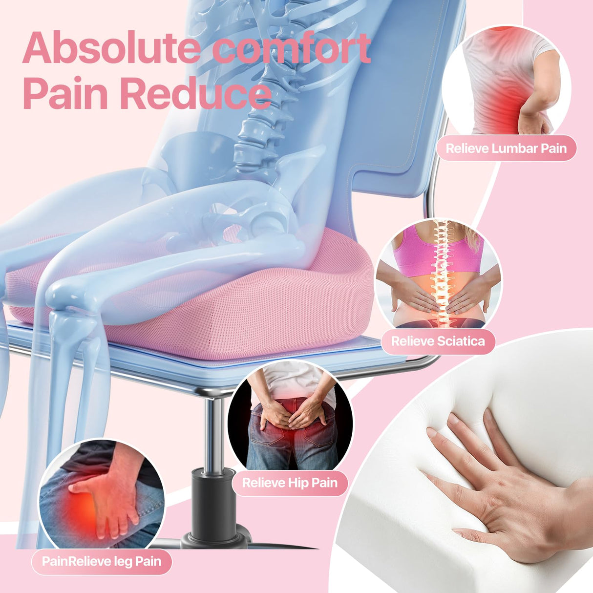 CJACSOC Seat Cushion, Extra Large Memory Foam Cushion for Office Chair Cushions, Ergonomic Cushions Pad Pillow for Pressure Relief Sciatica & Pain Relief for Long Sitting, Pink