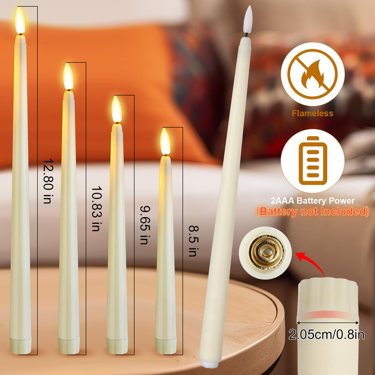 Rossesay 24 Pcs Flameless LED Taper Candles Battery Operated Candles 8.58'', 9.69'', 10.98'', 12.91'', 12.8'' Flameless Candlesticks Flickering for Halloween Christmas Church Wedding(Ivory)