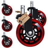 Office Chair Wheels for Casters Replacement - 3" Rubber Wheels for Computer Gaming Desk Caster Wheels Smooth & Safe Rolling for All Floors Including Hardwood and Carpet - Set of 5 - Red