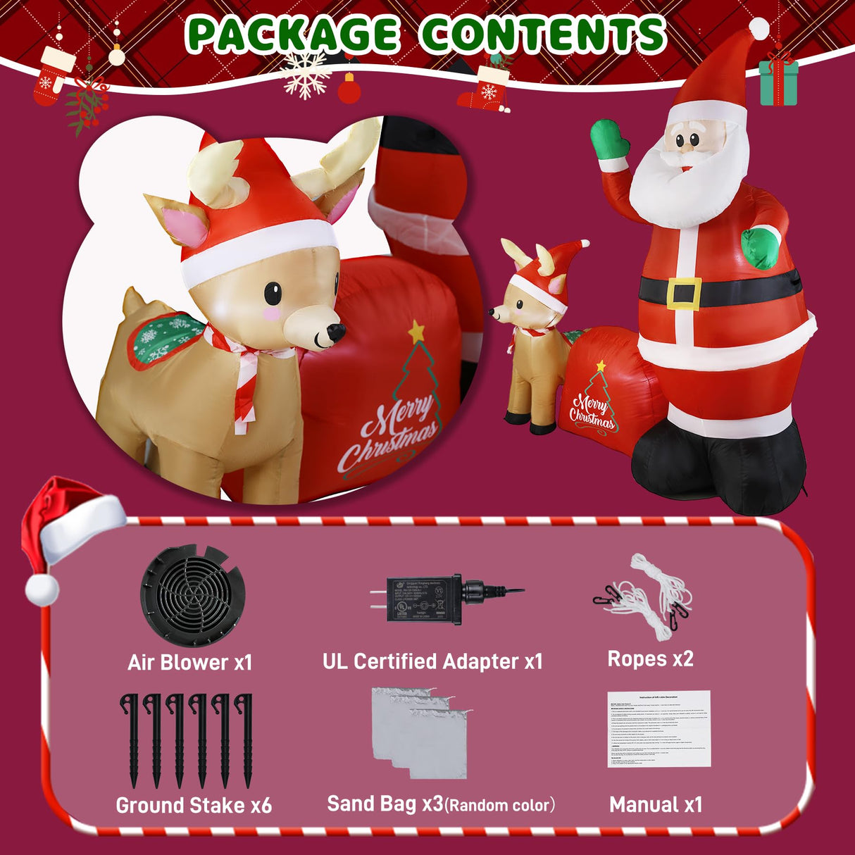 GIFTFIND 7Ft Christmas Inflatable Santa Clau Built-in LED Lights, Outdoor Decoration Santa with Reindeer and Christmas Ball Blow Ups, Holiday Xmas Inflatables Decor for Lawn Yard Garden Outhouse Party