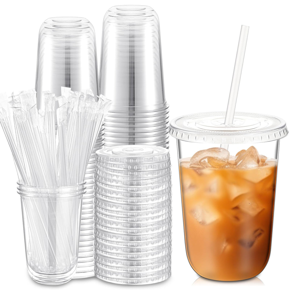 Ziliny 50 Sets Clear Plastic Cups with Lids and Straws, Disposable Iced Coffee Cups Drinking PET for Cold Drinks, Juice, Smoothie, Coffee Shops, Party, Christmas(Clear,16 oz)