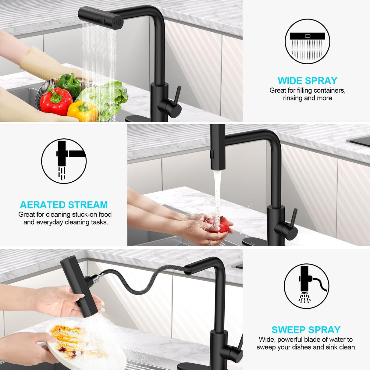 AVSIILE Matte Black Waterfall Kitchen Faucets with Pull Down Sprayer & Soap Dispenser, Single Hole & Handle, Pull Out Tap, Stainless Steel Sink Faucet, Suitable for Farmhouse Camper Laundry Rv Bar