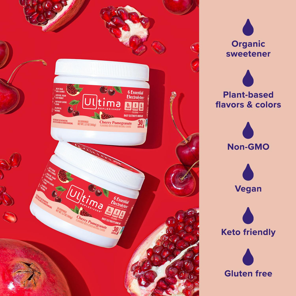 Ultima Replenisher Daily Electrolyte Powder Drink Mix – Sugar Free – Cherry Pomegranate, 30 Servings – Hydration Powder with 6 Electrolytes and Trace Minerals – Keto Friendly, Vegan, Non-GMO