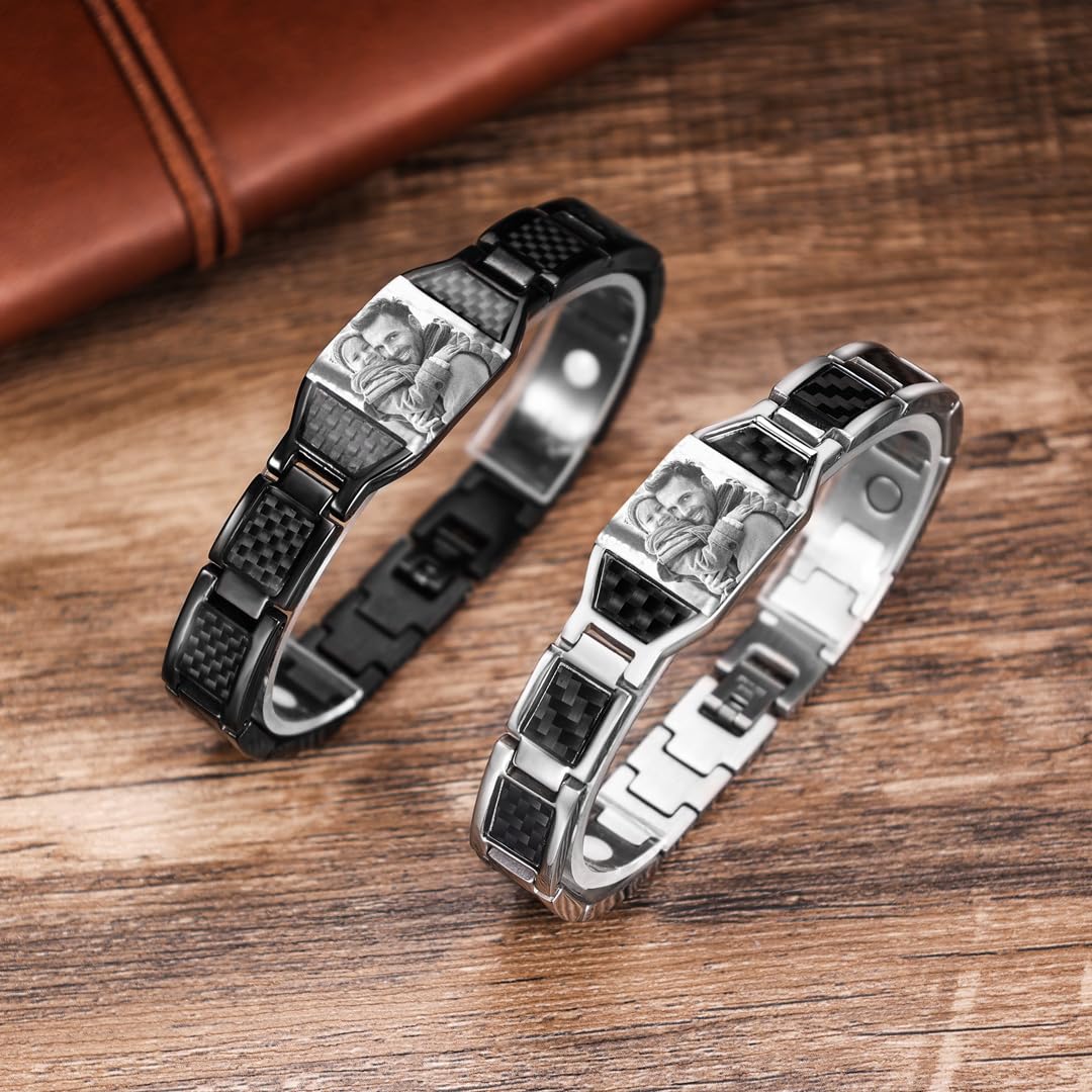 Luxladis Personalized Photo Bracelet for Men Customized Picture Bracelet Gift for Dad Husband Brother Fathers Day (Black)