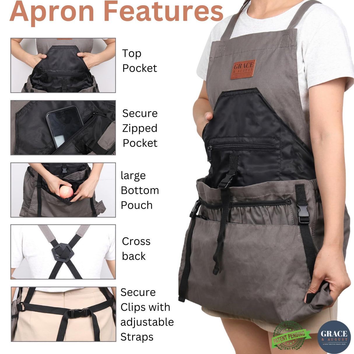 Grace and August Gardening Apron with Pockets for Women & Men - Unique Gardening Gift for Gardeners - Garden Apron 7 Pockets & Internal Drawstring Bag