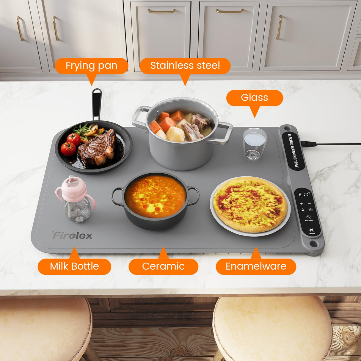 Firelex Food Warming Mat for Buffet, Silicone Food Warm Mat with Timer & 7-Temp Settings, 8s Fast Heat, The Perfect Gift Keep Meals Warm for Parties, Family Dinners, Gray