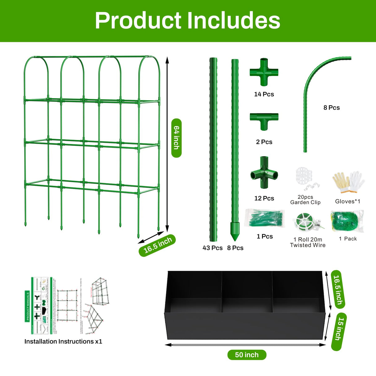 63"x49"Cucumber Trellis with Grow Bag,U-Shape Trellis for Climbing Plants