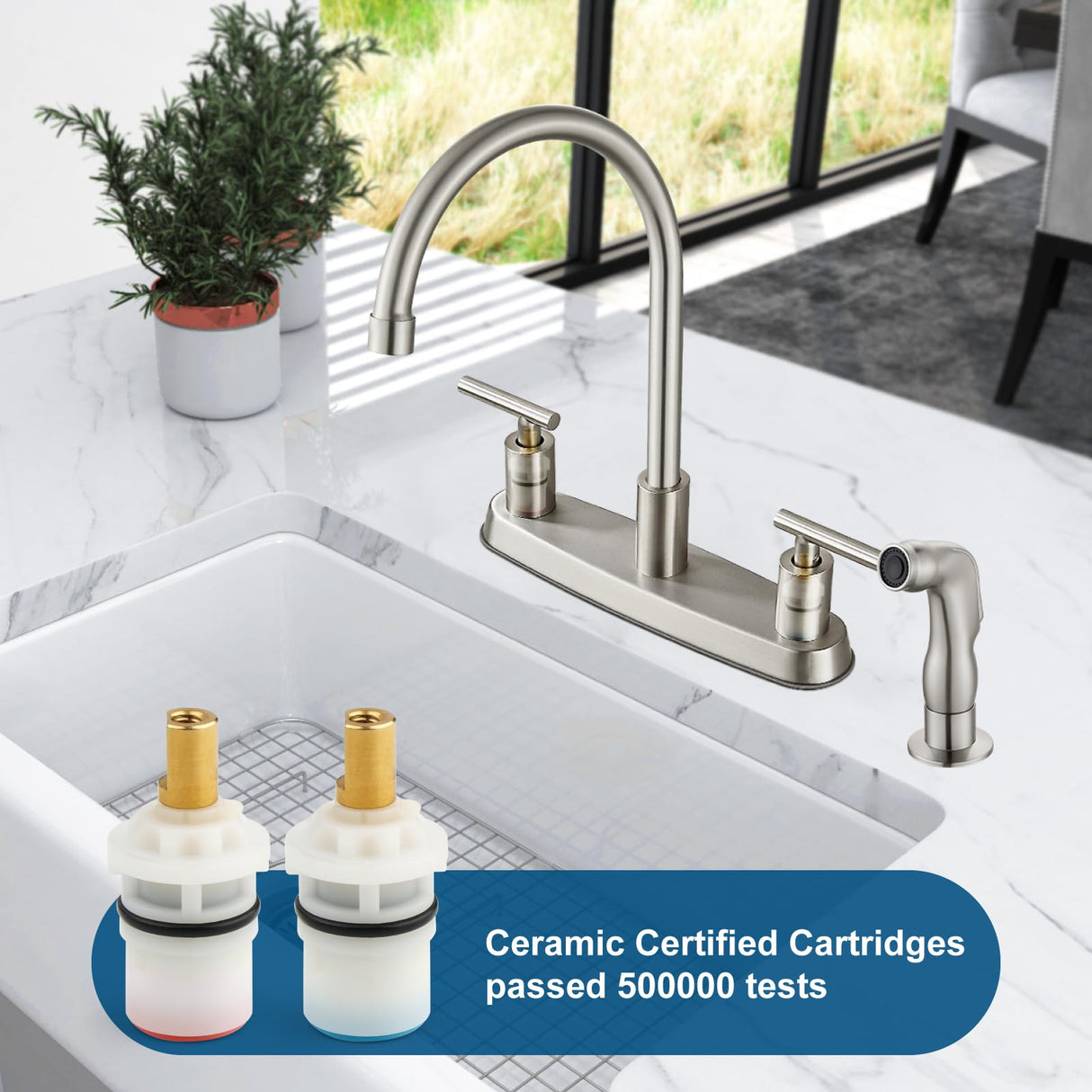 Cinwiny Kitchen Faucet, High Arc 360° Swivel Spout, 2-Handle 8 Inch Centerset Kitchen Sink Faucet with Side Sprayer, 3 or 4 Hole Kitchen Faucet for RV, Utility & Laundry Sink, Brushed Nickel