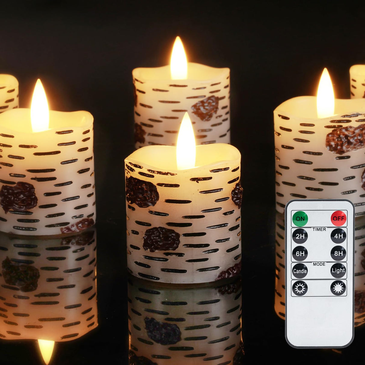 Homemory Flameless Votive Candles with Remote, 2" x 2" Birch Bark Real Wax, 400+Hour Realistic Black Wick Battery Operated Fake Candles, 6 Pack for Wedding, Party and Holiday Decoration