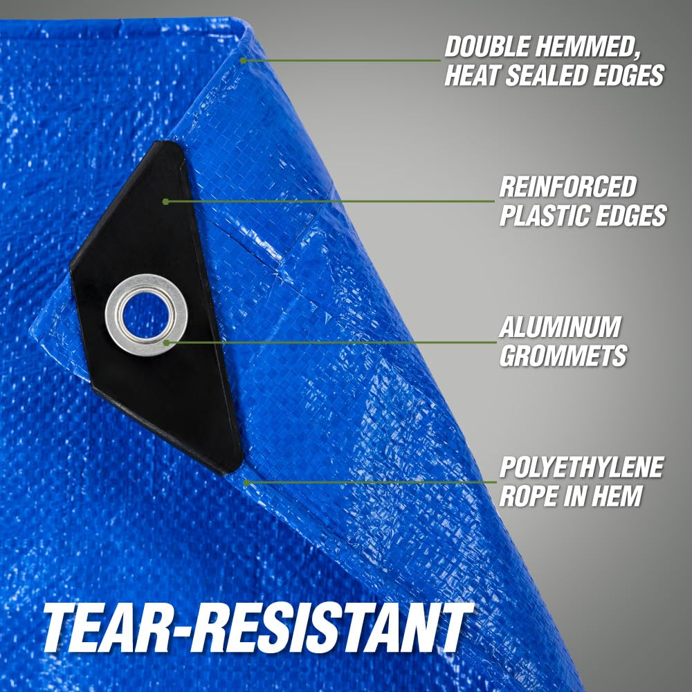 RUGGED RHINO Heavy Duty Waterproof Tarp, 15x15, 2 Pack, UV and Tear Resistant Cover with Reinforced Grommets and Corners, Outdoor Multipurpose Tarps for Camping, Patio, Garden, Car & Roof, 5 Mil, Blue