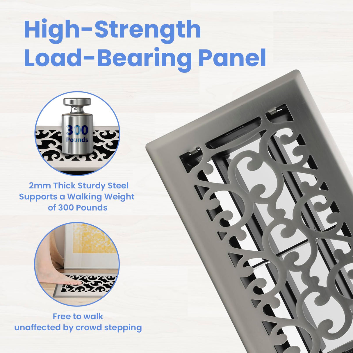 Howeall 4x8 Inches Heavy Duty Walkable Floor Register - Easy Adjust Air Supply Lever Decorative Floor Vent Covers, Savannah Design Vent Covers for Home - Satin Nickel