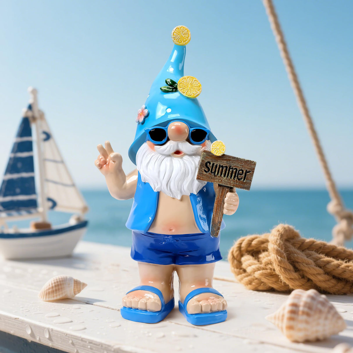 Wiresusan Outdoor Summer Gnomes Statue Beach Gnome Garden Decor for Outside, Beach, Yard, Lawn Ocean Sea Theme Home Decorations for Table, Shelf, Blue Gnome Figurine Funny Elf Gifts for Women