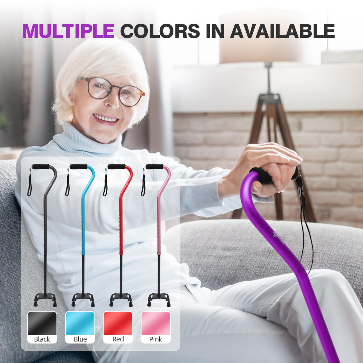 BeneCane Quad Cane Adjustable Walking Cane with Offset Soft Cushioned Handle for Men & Women Lightweight Comfortable with 4-Pronged feet for Extra Stability(Purple)