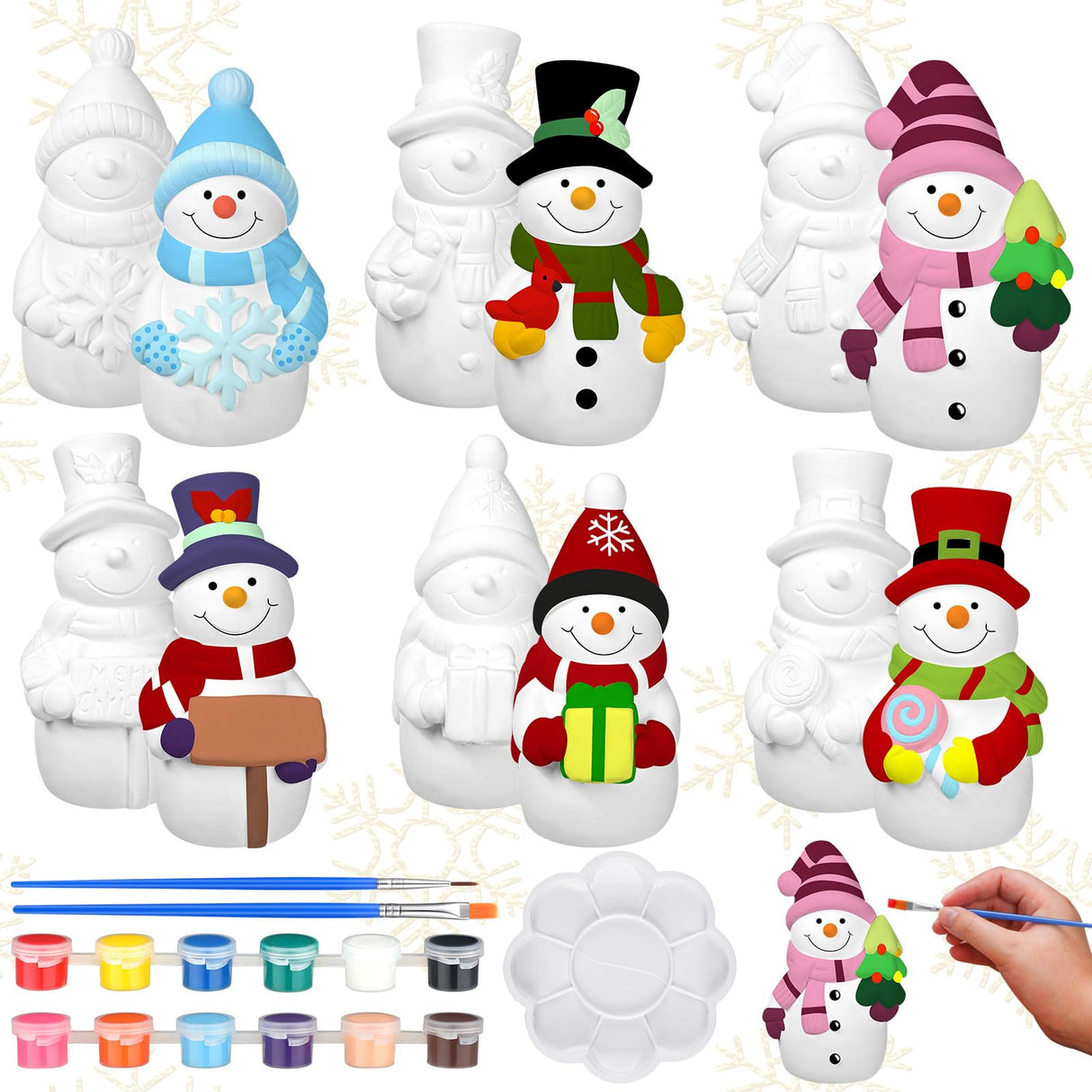 Eersida 6 Sets Winter Christmas Ceramics to Paint Ready to Your Own Ceramic Snowman Statues DIY Unpainted Paintable Winter Figurines Kit Crafts with Brush Palette for Christmas DIY
