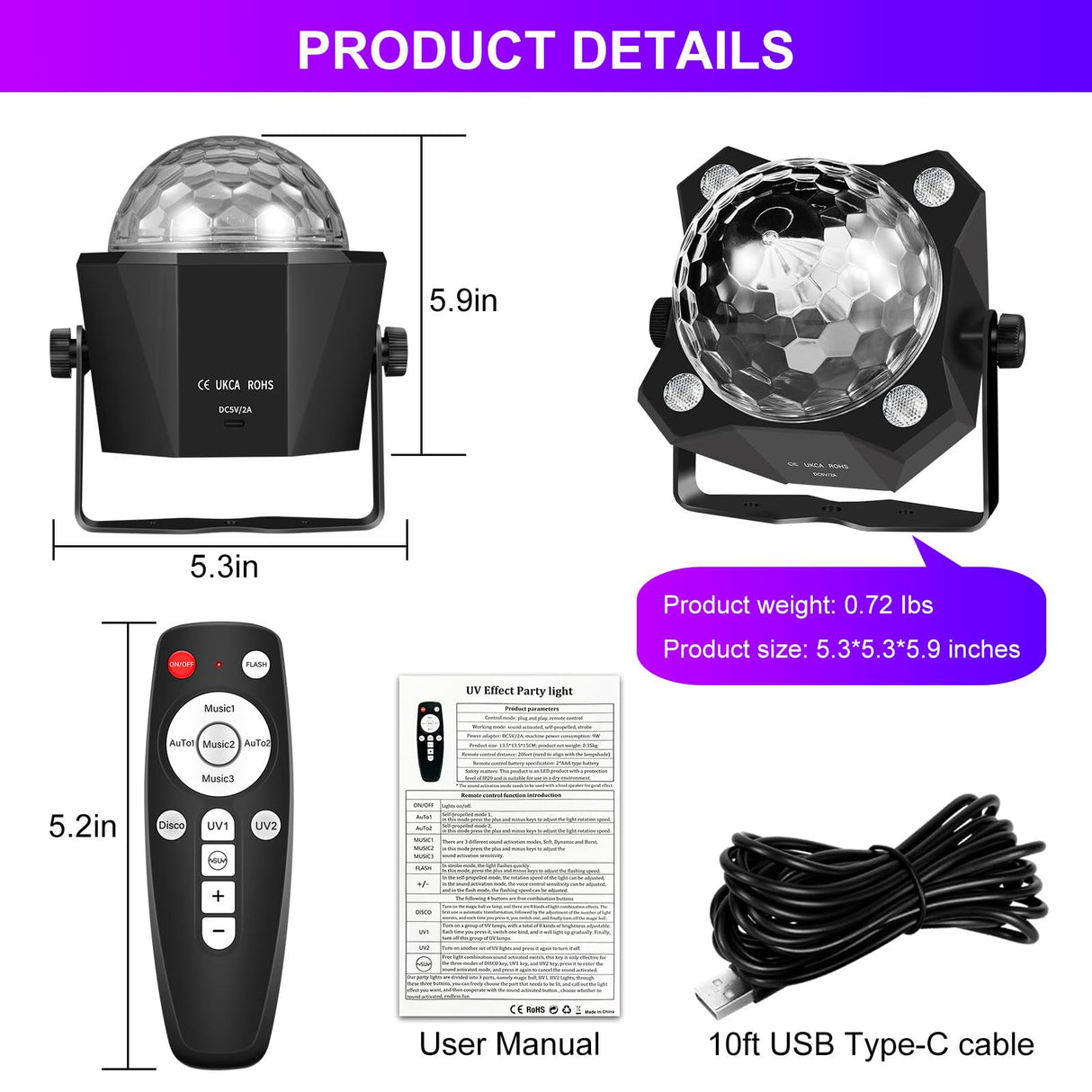 DJPTYGCK 2 in 1 Glow Party Black Light Disco Ball Light with Sound Activated Strobe Dj Party Lights Black Lights, for Halloween Christmas Birthday Decor Classroom Room Family Party Decor