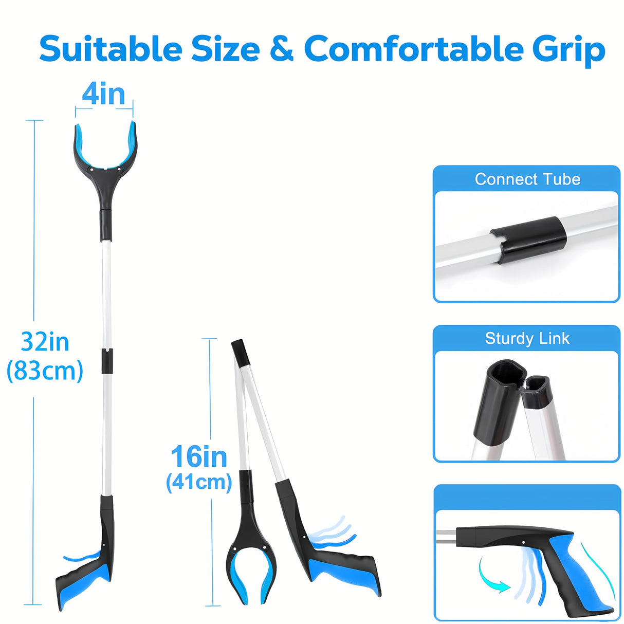 Grabber Reacher Tool - Foldable Gripper and Reaching Tool - Heavy Duty Pick Up Stick Grabbers for Seniors, Trash, Surgery Recovery Must Haves Gifts, 32” Picker Upper Grabber (Blue)