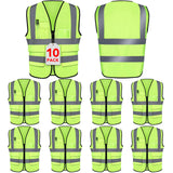 XPCARE 10-Pack Hi Vis Reflective Safety Vest with Pockets, Green High Reflective Strips Zipper Work Vest for Men and Women(X-Large)