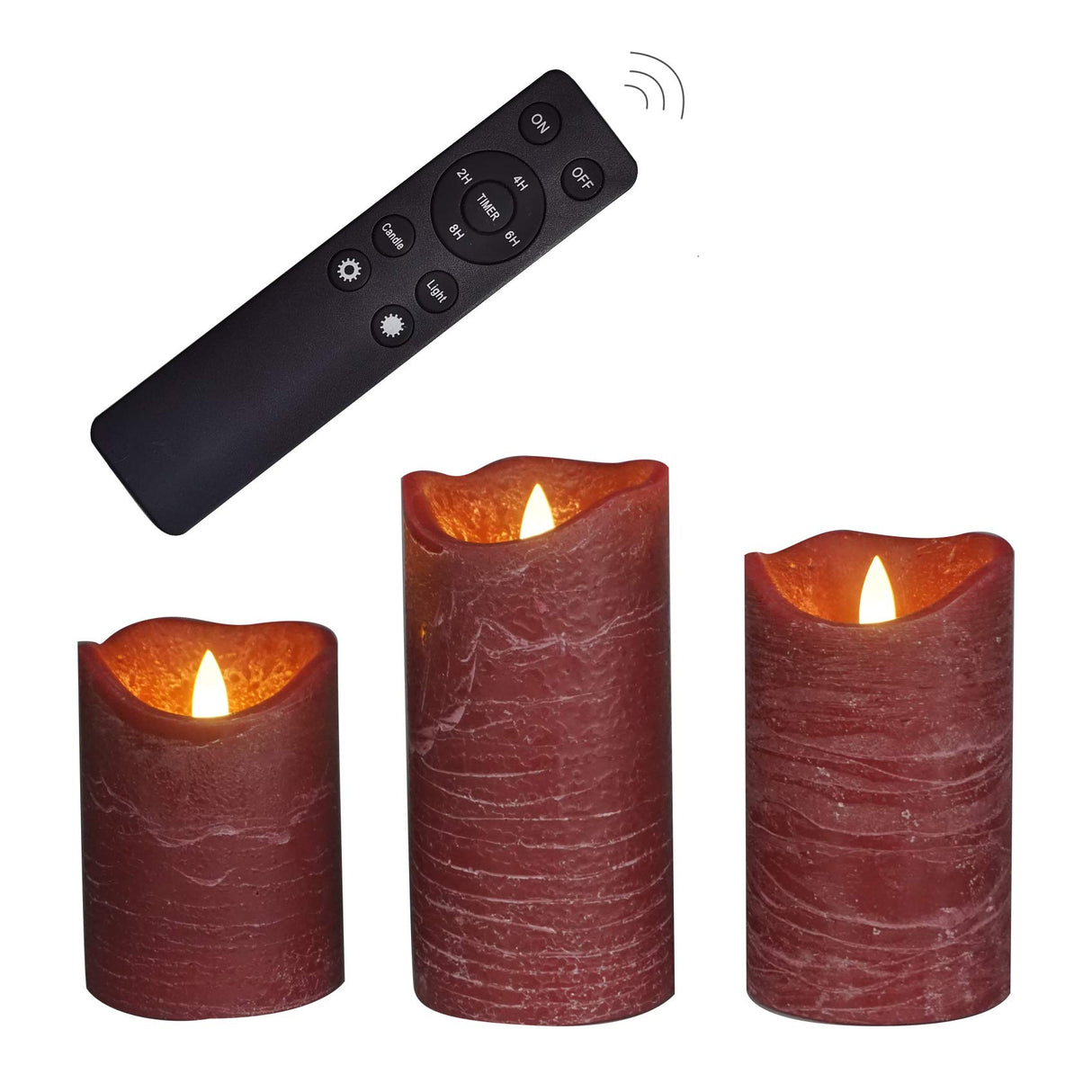 CANDLE CHOICE Battery Operated Flameless Candles with Remote Timer Real Wax Realistic Flickering Electric LED Pillar Lights for Home Wedding Party Christmas Decorations 3 Pack Rustic Texture Burgundy