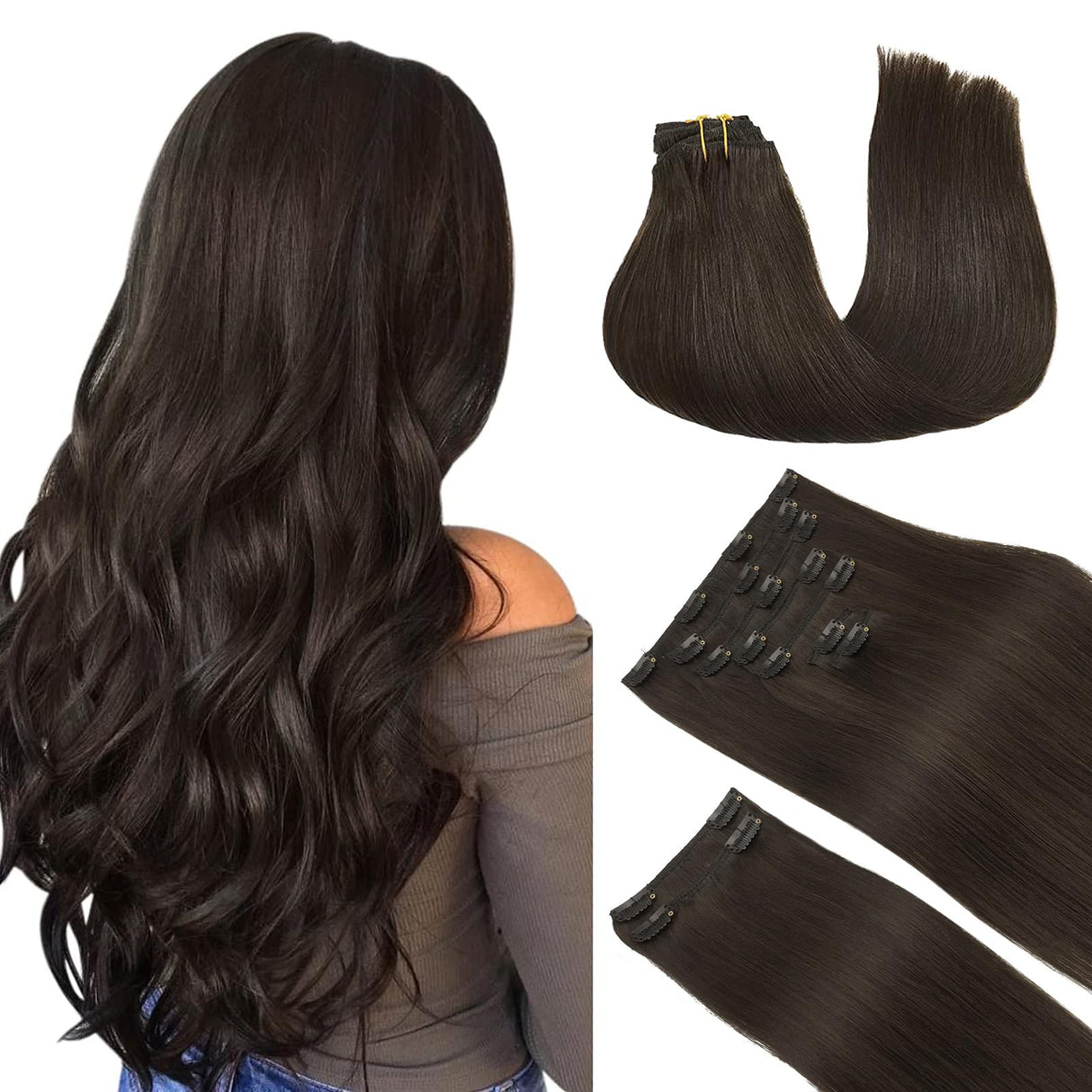 DOORES Clip in Hair Extensions Real Human Hair, Dark Brown 150g 9pcs 20 Inch, Clip in Human Hair Extensions Real Natural Hair Extensions Extensions for Women Clip in Thick Silky Straight Extensions