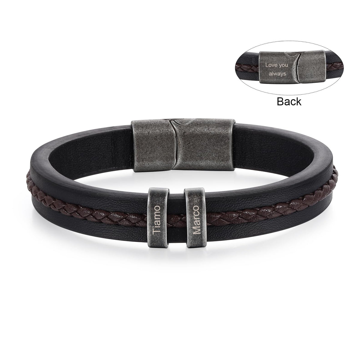 Personalized Custom Name Bracelets for Men - Mens Leather Bracelet with 2-5 Kids Names Customized Gifts for Dad Husband Son (2 names)