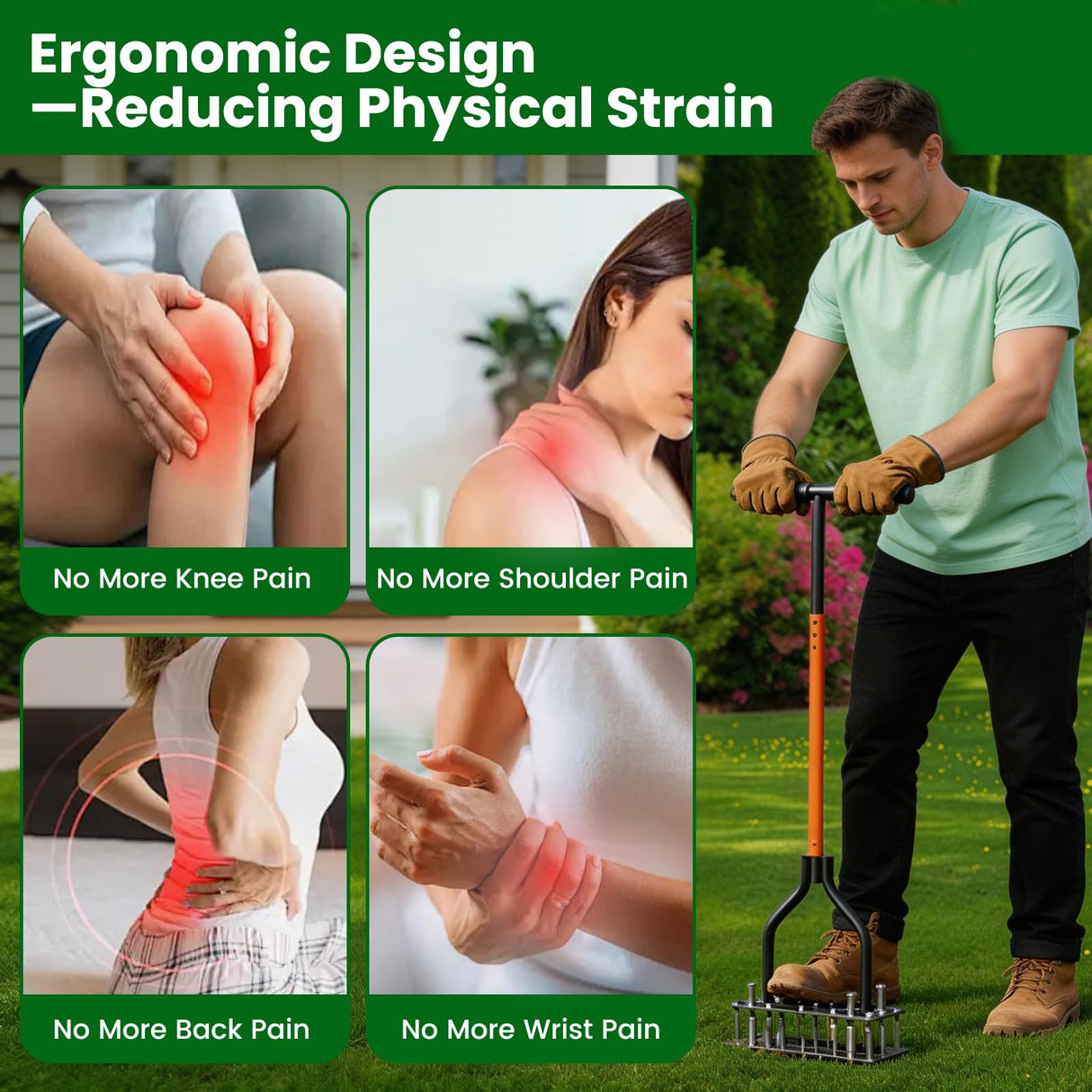 Lawn Aerator Tool,Adjustable Height with 15 Iron Spikes,Double-Layer Spring