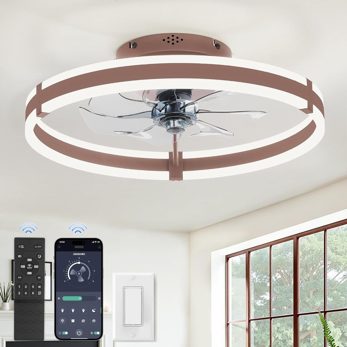ZMISHIBO Ceiling Fans with Lights and Remote, 19.7'' Low Profile Ceiling Fan, 3000-6000K Dimmable Modern Flush Mount LED Fan Light, 6 Wind Speeds, Brown Fandelier Ceiling Fans for Bedroom