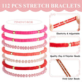112 Pcs Beaded Friendship Bracelets Bulk Surfer Heishi Clay Stretch Y2K Bracelets Colorful Cute Boho Stackable BFF Bestie Inspirational Jewelry for Women Summer Beach Party Favors Friendship Style