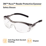 3M Safety Glasses with Readers, Nuvo Readers, +2.0 Diopter, Pack of 1, ANSI Z87, Clear Lens, Gray Frame, Soft Nose Bridge, Side Shields