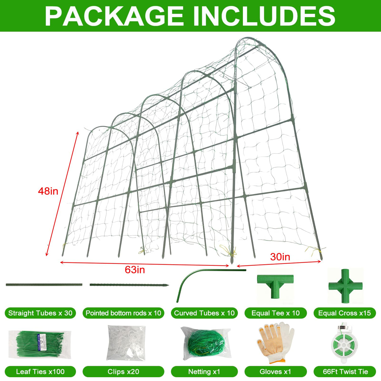 Cucumber Trellis for Raised Beds - Sturdy Arch Trellis for Peas, Beans & Climbing Plants | Outdoor Vegetable Support, Garden Trellis Kit (63" Lx30 Wx48 H)