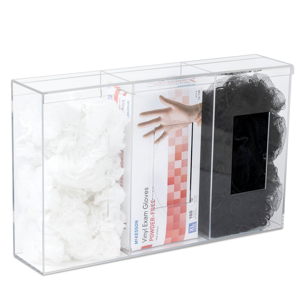 IneVibe Triple Hygiene Holder - 3 Compartment Acrylic Dispenser with Lid for Hairnets, Glove Boxes, Face Masks, Plastic Bags, Tissue Boxes in Home or Medical Setting - Counter or Wall Mount (Triple)