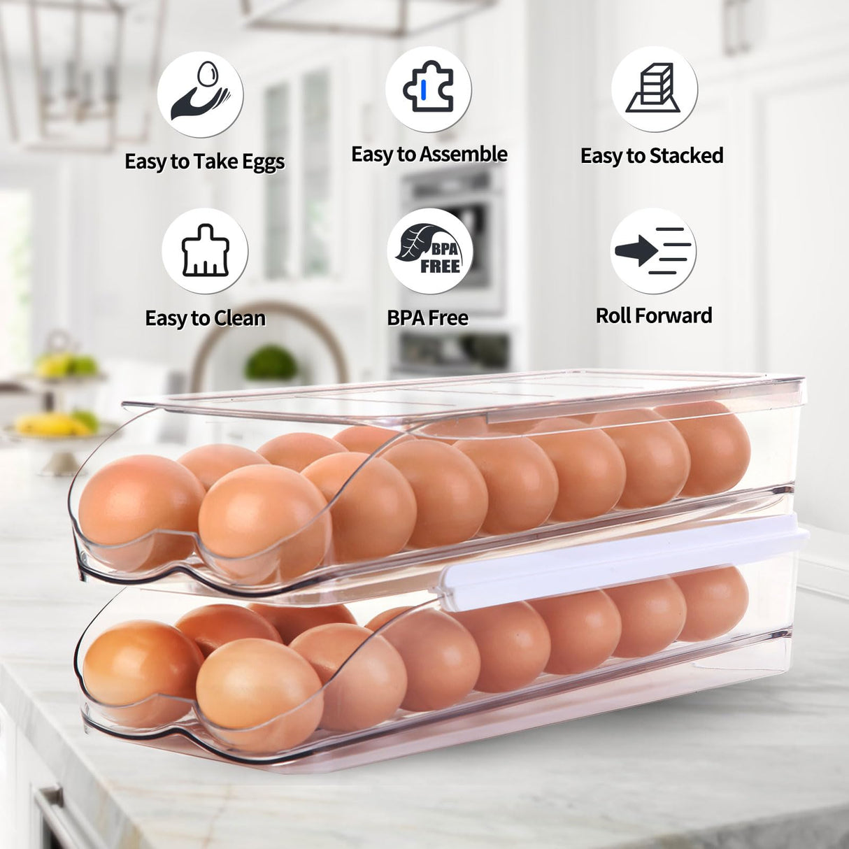 RoskDeewat Egg Holder for Fridge, Automatically Rolling Egg Container for Refrigerator, Clear Plastic Fridge Organizers and Storage with Lid, Stackable Egg Dispenser & Tray (3 Tier)