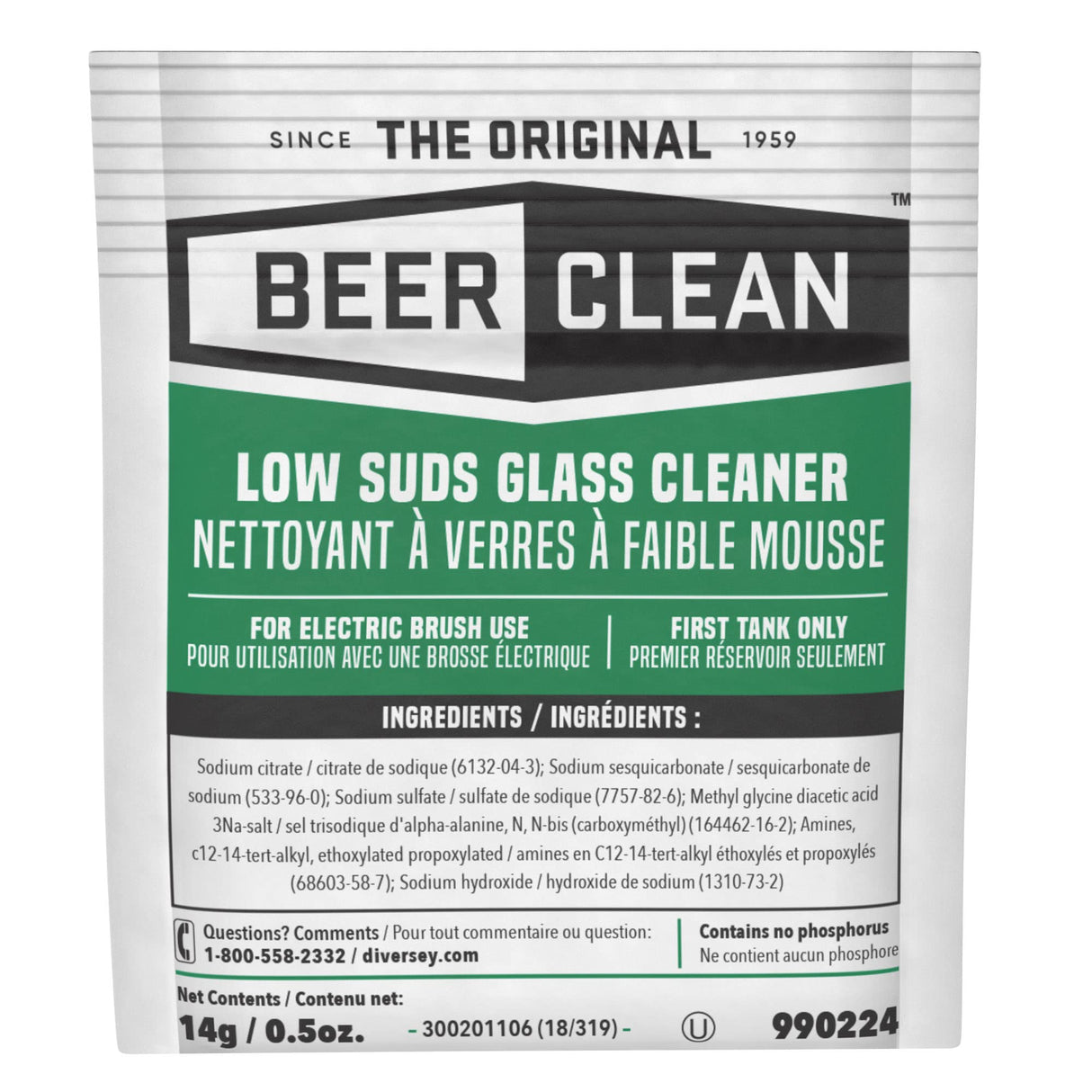 BEER CLEAN Diversey 990224 Low Suds Glass Cleaner for Electric Brushing, Portion Control Bar Glass Washing Powder, Unscented, Packet, 0.5-Ounce (Pack of 100)
