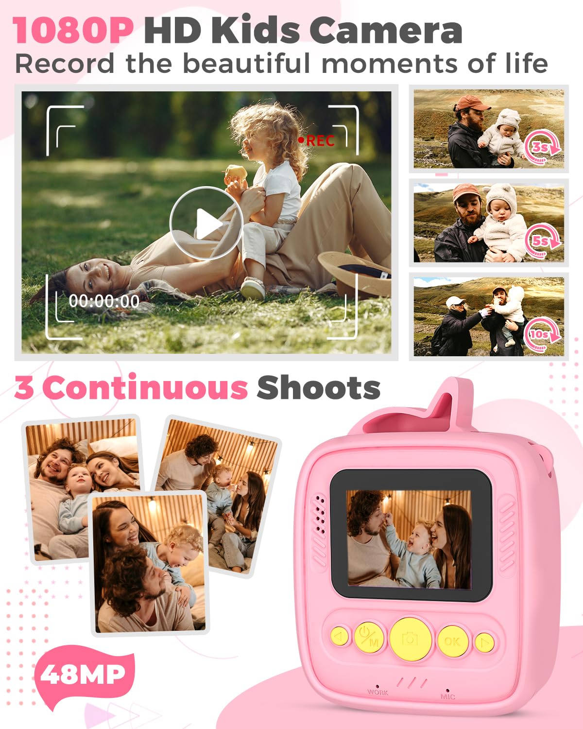 YTETCN Instant Print Camera for Kids 3-12 Years - Kids Camera with 32G SD Card & 3 Rolls Paper, 48MP Photo & 1080P Video, Christmas Birthday Gifts for Toddler Girls Boys